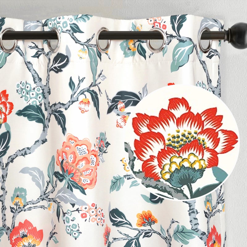 DriftAway Ada Floral Botanical Print Flower Leaf Lined Thermal Insulated Room Darkening Blackout Window Curtains 2 Layers Set of 2 Panels Each 52 Inch by 63 Inch Ivory Orange Teal - Image 2